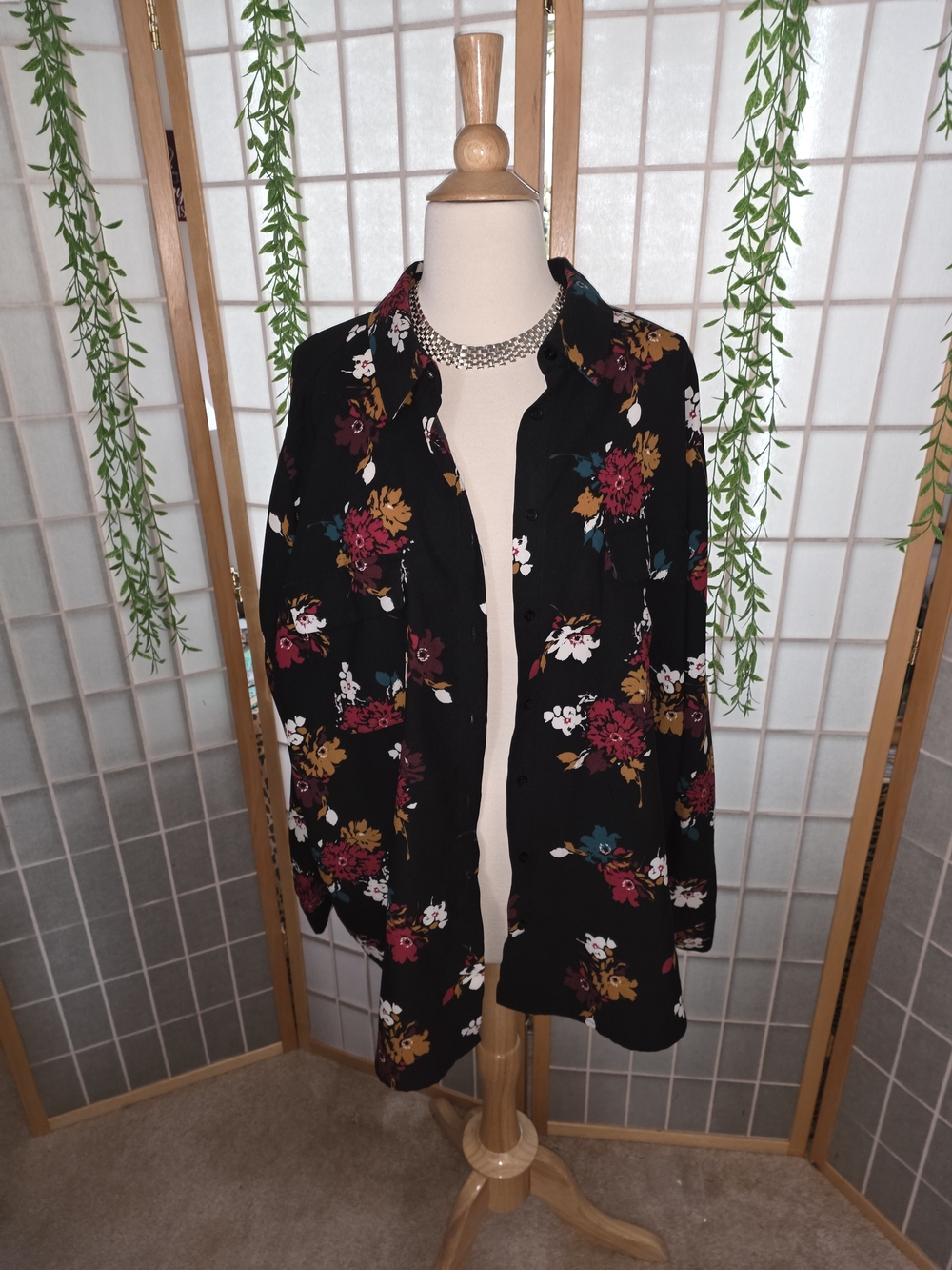 Madison Black Floral Button-Down Shirt - Burgundy, Mustard, Teal